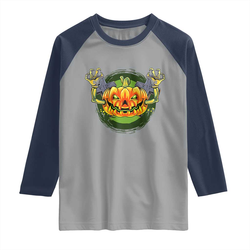 Funny Halloween Pumpkin Ghoul Raglan Shirt Scary Zombie Hands TS12 Sport Gray Navy Print Your Wear