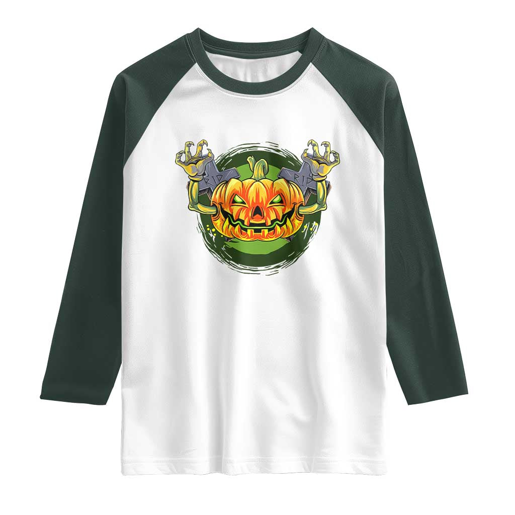 Funny Halloween Pumpkin Ghoul Raglan Shirt Scary Zombie Hands TS12 White Dark Forest Green Print Your Wear