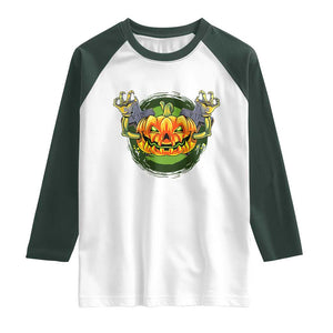 Funny Halloween Pumpkin Ghoul Raglan Shirt Scary Zombie Hands TS12 White Dark Forest Green Print Your Wear