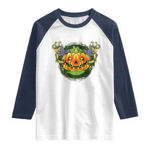 Funny Halloween Pumpkin Ghoul Raglan Shirt Scary Zombie Hands TS12 White Navy Print Your Wear