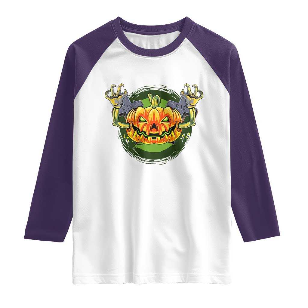 Funny Halloween Pumpkin Ghoul Raglan Shirt Scary Zombie Hands TS12 White Purple Print Your Wear