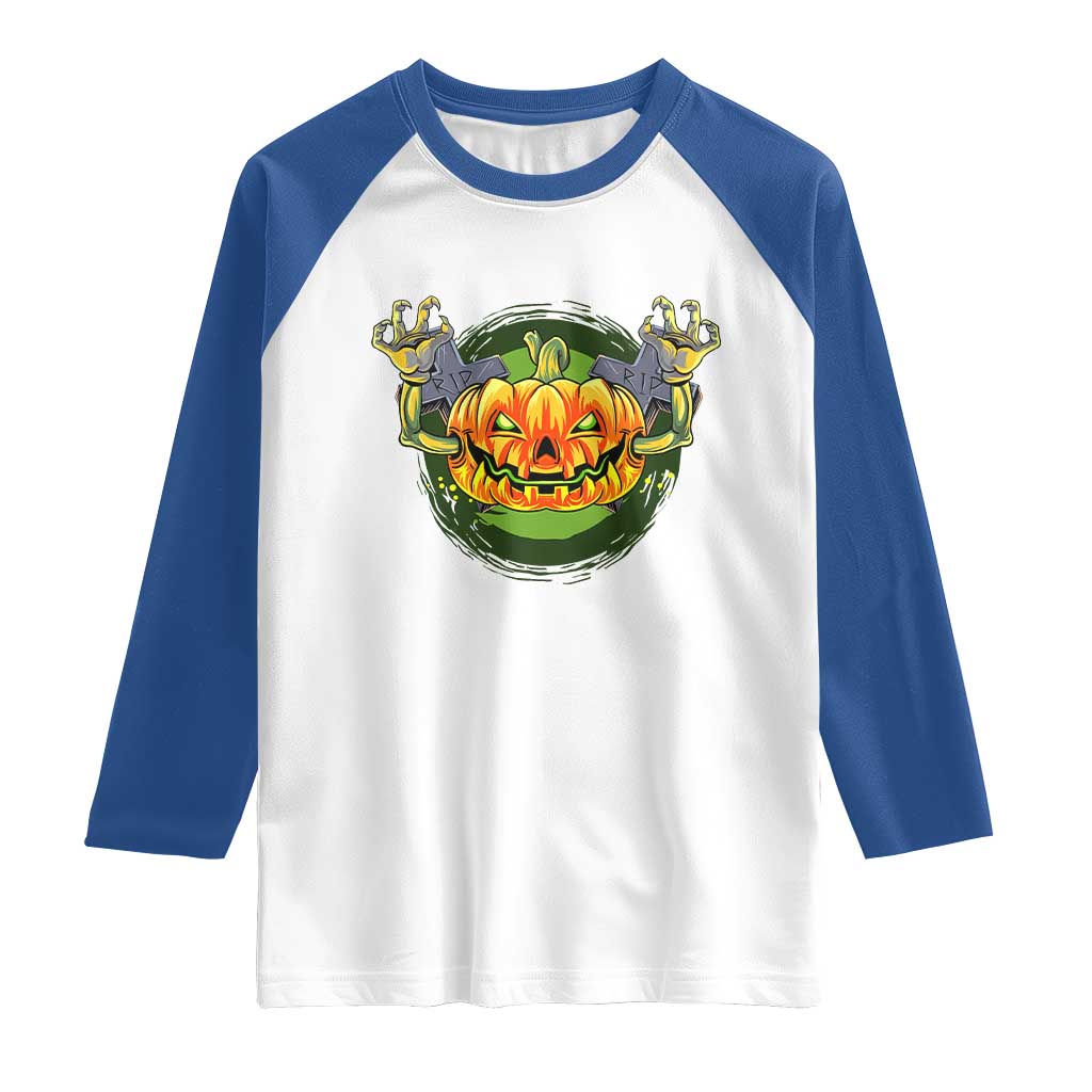 Funny Halloween Pumpkin Ghoul Raglan Shirt Scary Zombie Hands TS12 White Royal Print Your Wear