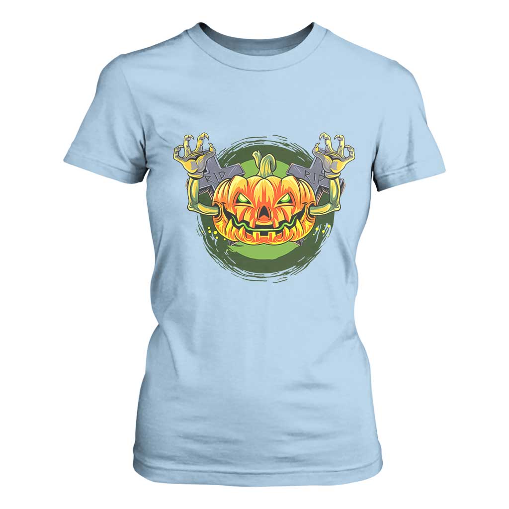 Funny Halloween Pumpkin Ghoul T Shirt For Women Scary Zombie Hands TS12 Light Blue Print Your Wear