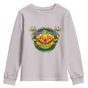 Funny Halloween Pumpkin Ghoul Youth Sweatshirt Scary Zombie Hands TS12 Ice Gray Print Your Wear