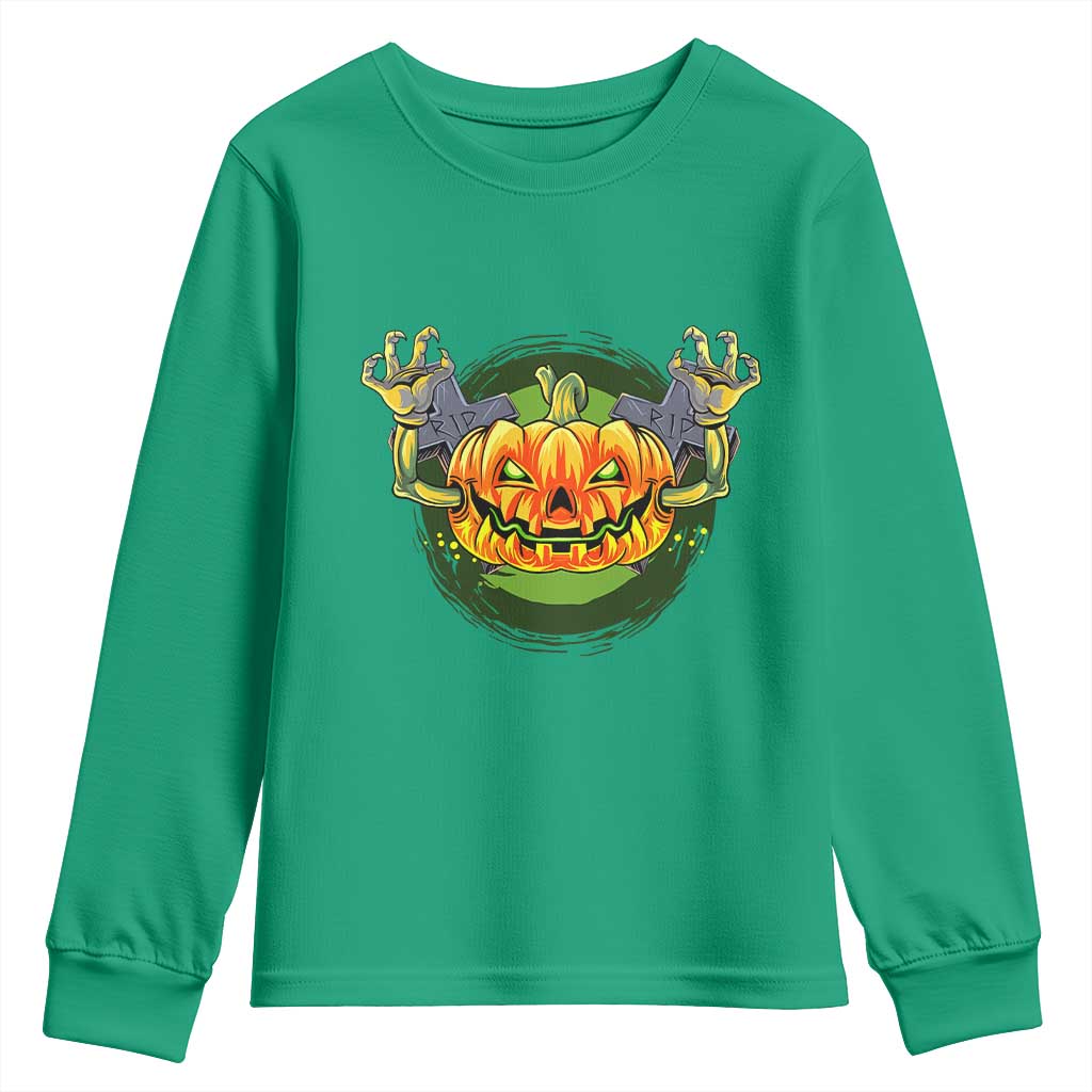 Funny Halloween Pumpkin Ghoul Youth Sweatshirt Scary Zombie Hands TS12 Irish Green Print Your Wear