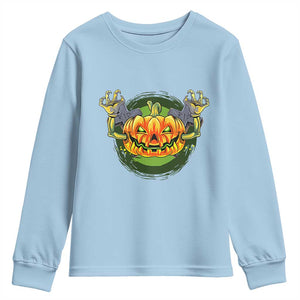 Funny Halloween Pumpkin Ghoul Youth Sweatshirt Scary Zombie Hands TS12 Light Blue Print Your Wear