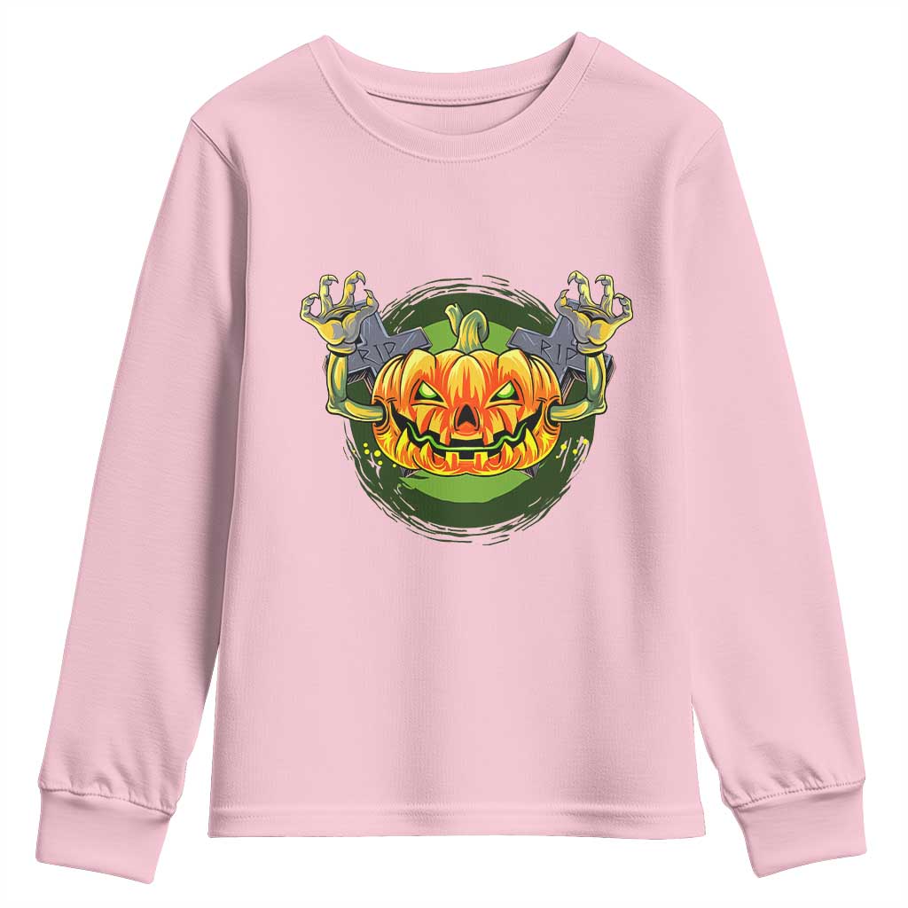 Funny Halloween Pumpkin Ghoul Youth Sweatshirt Scary Zombie Hands TS12 Light Pink Print Your Wear