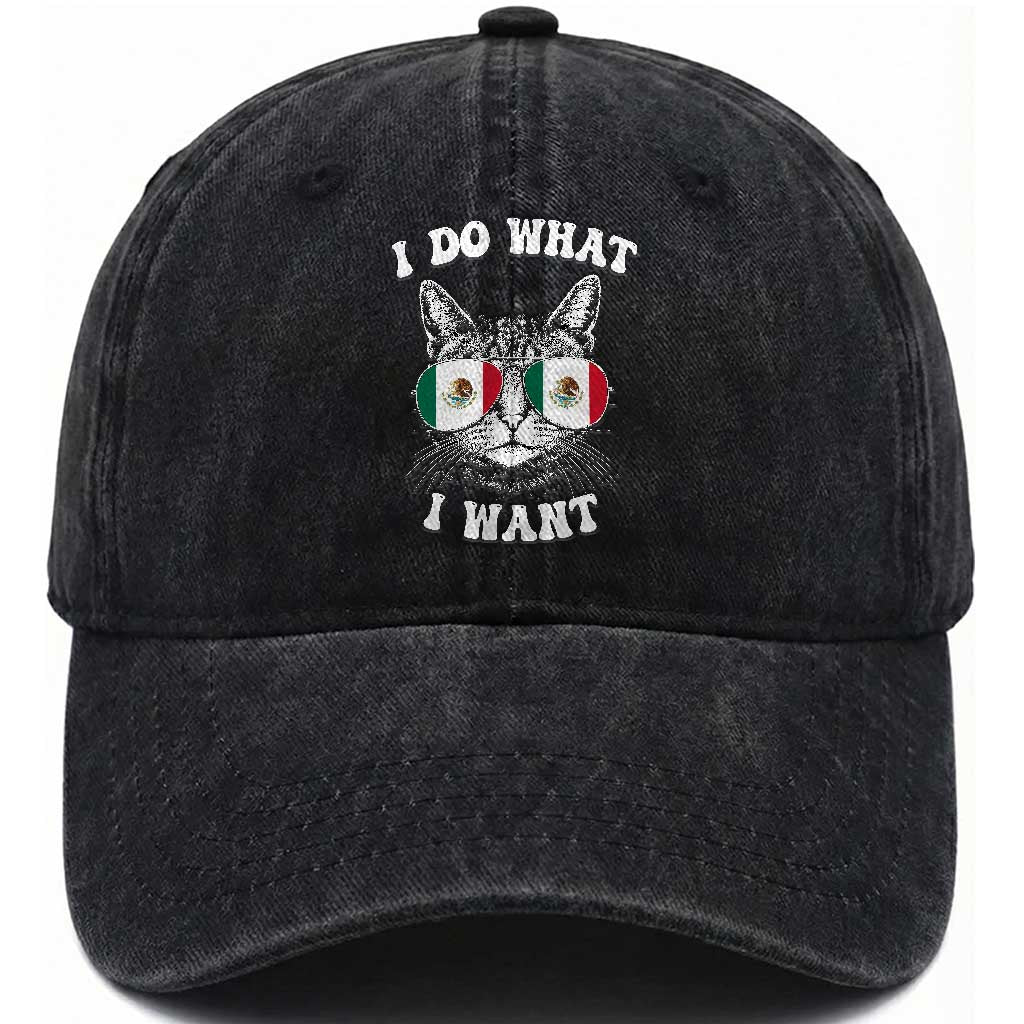 Mexican Cat Washed Cotton Baseball Cap I Do What I Want Mexico Flag Sunglasses Funny TS12 Print Your Wear