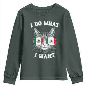 Mexican Cat Youth Sweatshirt I Do What I Want Mexico Flag Sunglasses Funny TS12 Dark Forest Green Print Your Wear