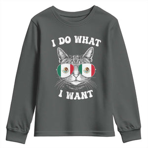 Mexican Cat Youth Sweatshirt I Do What I Want Mexico Flag Sunglasses Funny TS12 Dark Heather Print Your Wear