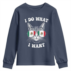 Mexican Cat Youth Sweatshirt I Do What I Want Mexico Flag Sunglasses Funny TS12 Navy Print Your Wear