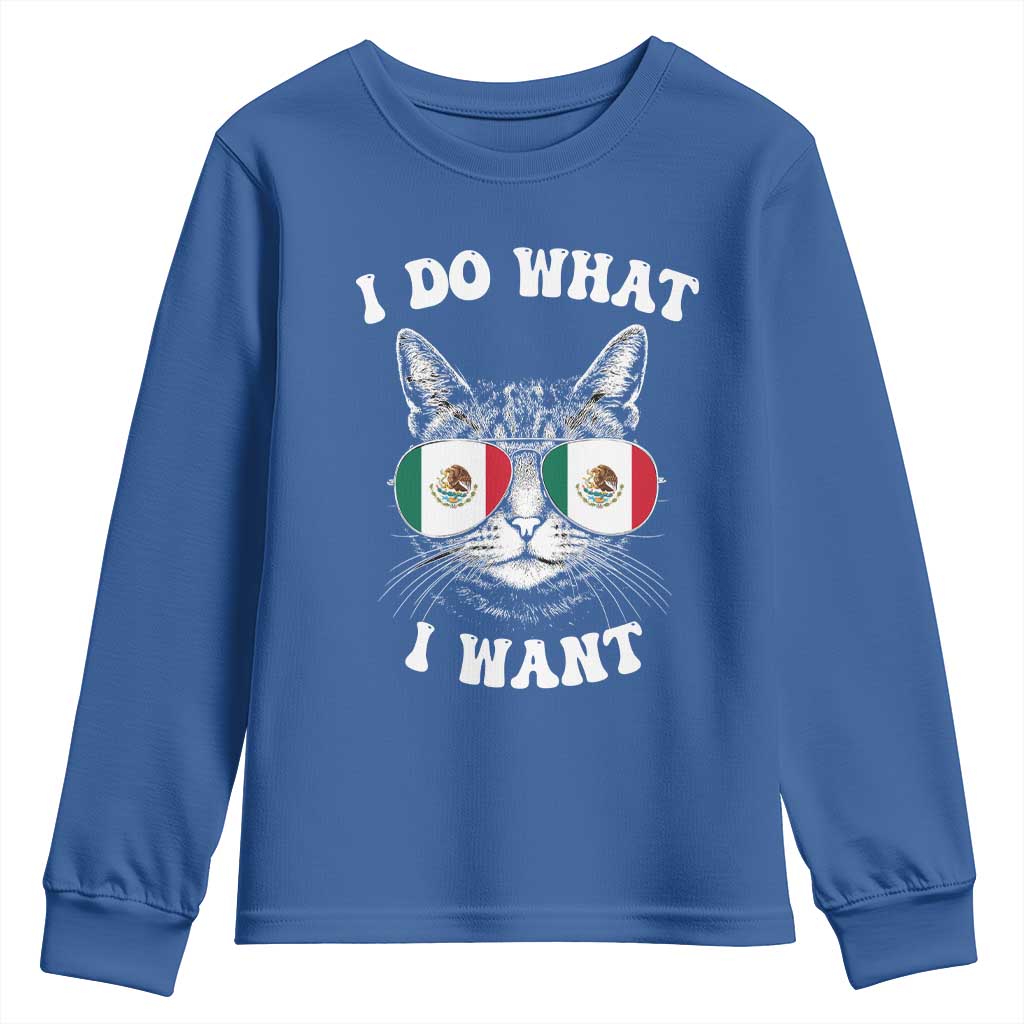Mexican Cat Youth Sweatshirt I Do What I Want Mexico Flag Sunglasses Funny TS12 Royal Blue Print Your Wear