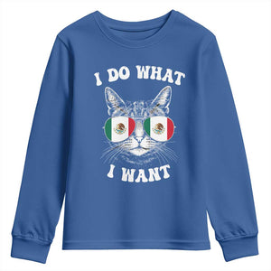 Mexican Cat Youth Sweatshirt I Do What I Want Mexico Flag Sunglasses Funny TS12 Royal Blue Print Your Wear
