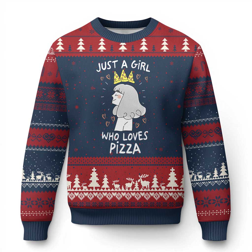 Just A Girl Who Loves Pizza Ugly Christmas Sweater Cute Queen Pizza Crown TS12 Navy Red Print Your Wear