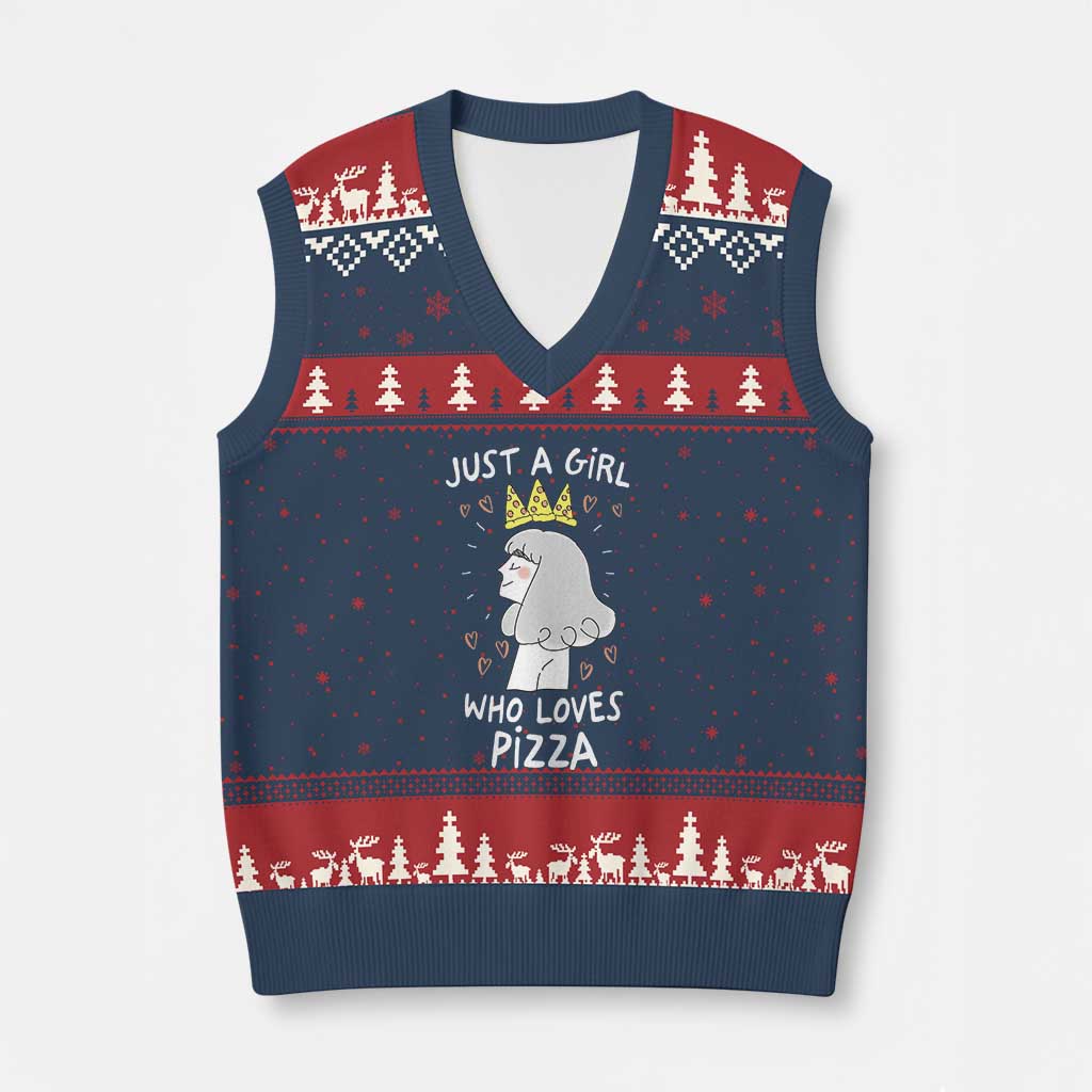 Just A Girl Who Loves Pizza V-Neck Knit Sweater Vest Cute Queen Pizza Crown TS12 Navy Red Print Your Wear
