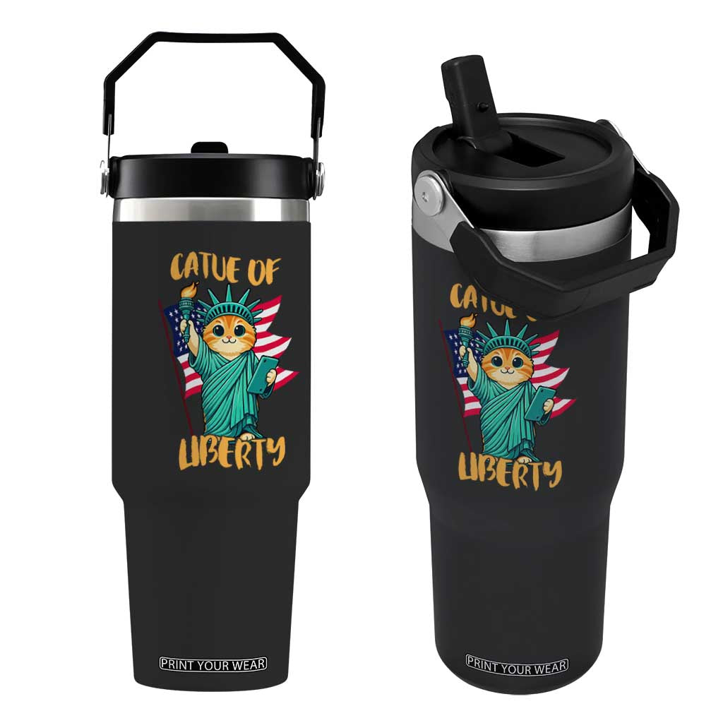 Cat Statue Of Liberty Flip Straw Tumbler Patriotic American Flag TS12 One Size: 30 oz Black Print Your Wear