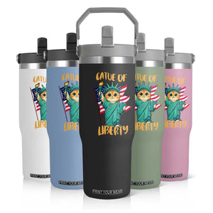 Cat Statue Of Liberty Flip Straw Tumbler Patriotic American Flag TS12 Print Your Wear