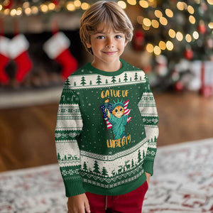 Cat Statue Of Liberty Ugly Christmas Sweater Patriotic American Flag TS12 Forest Green Beige Print Your Wear