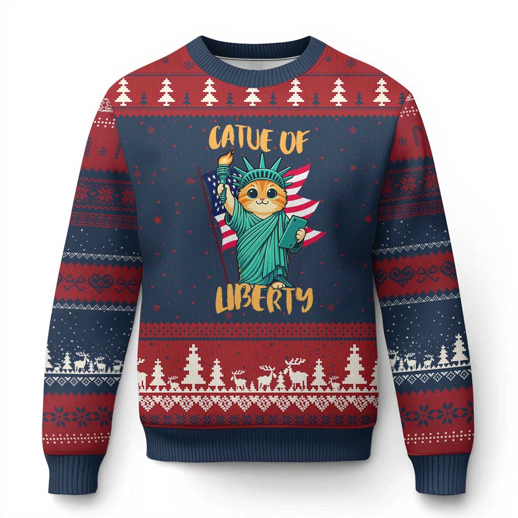 Cat Statue Of Liberty Ugly Christmas Sweater Patriotic American Flag TS12 Navy Red Print Your Wear