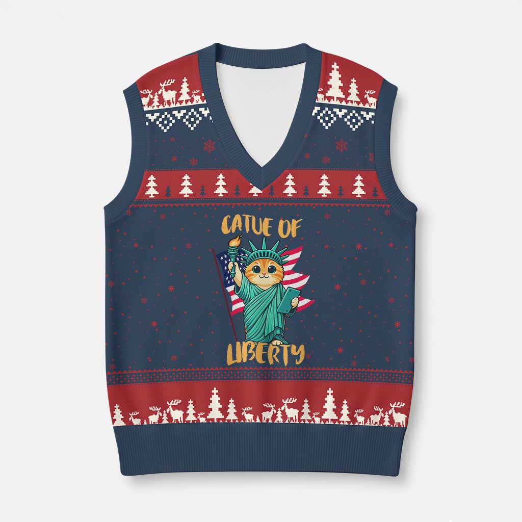 Cat Statue Of Liberty V-Neck Knit Sweater Vest Patriotic American Flag TS12 Navy Red Print Your Wear