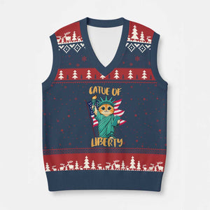 Cat Statue Of Liberty V-Neck Knit Sweater Vest Patriotic American Flag TS12 Navy Red Print Your Wear
