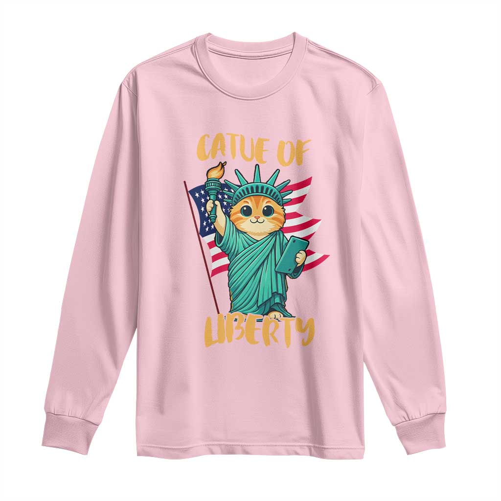Cat Statue Of Liberty Long Sleeve Shirt Patriotic American Flag TS12 Light Pink Print Your Wear