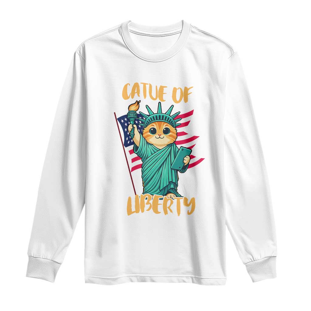 Cat Statue Of Liberty Long Sleeve Shirt Patriotic American Flag TS12 White Print Your Wear