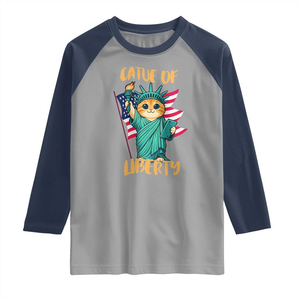 Cat Statue Of Liberty Raglan Shirt Patriotic American Flag TS12 Sport Gray Navy Print Your Wear