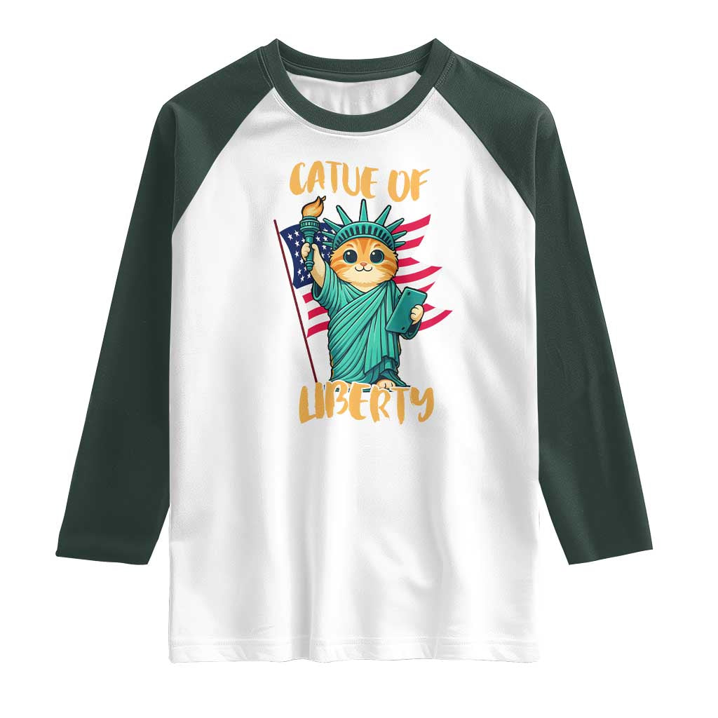 Cat Statue Of Liberty Raglan Shirt Patriotic American Flag TS12 White Dark Forest Green Print Your Wear