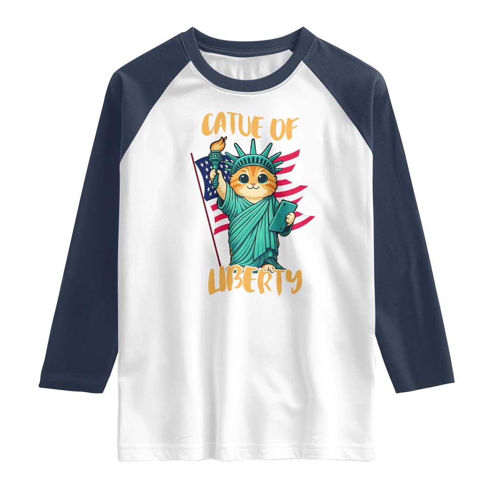 Cat Statue Of Liberty Raglan Shirt Patriotic American Flag TS12 White Navy Print Your Wear