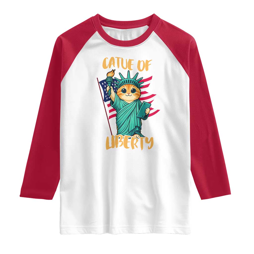 Cat Statue Of Liberty Raglan Shirt Patriotic American Flag TS12 White Red Print Your Wear