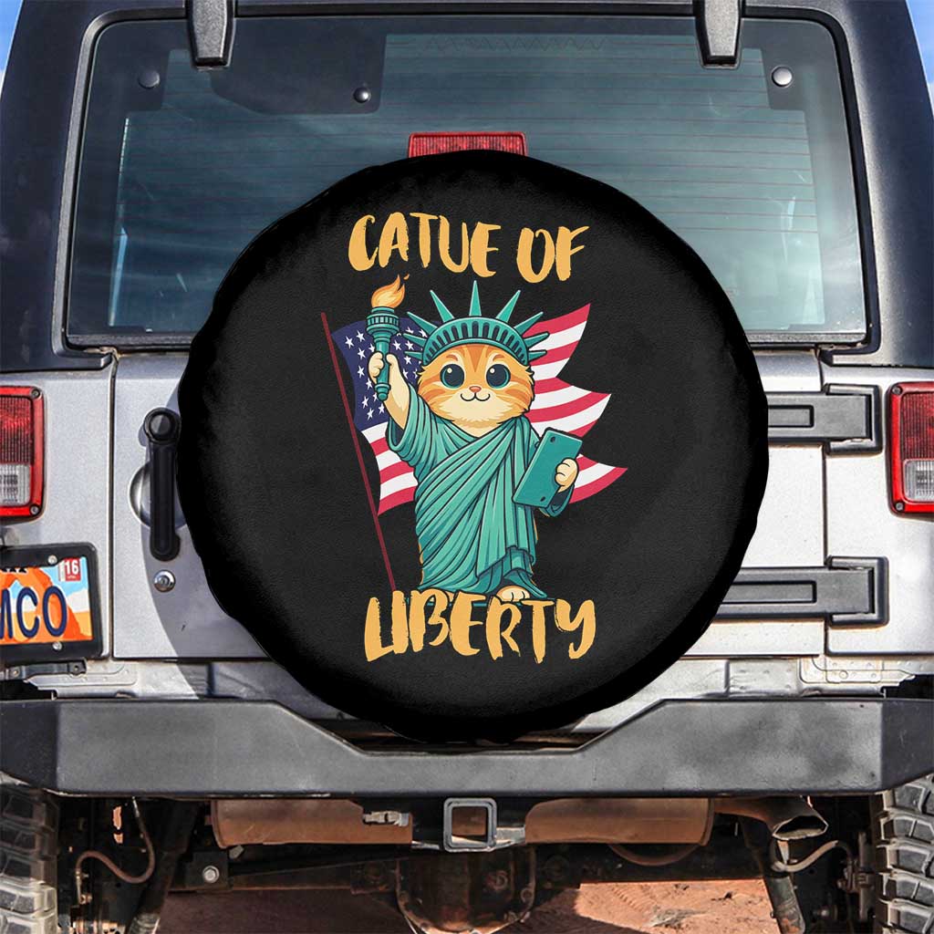 Cat Statue Of Liberty Spare Tire Cover Patriotic American Flag TS12 No hole Black Print Your Wear