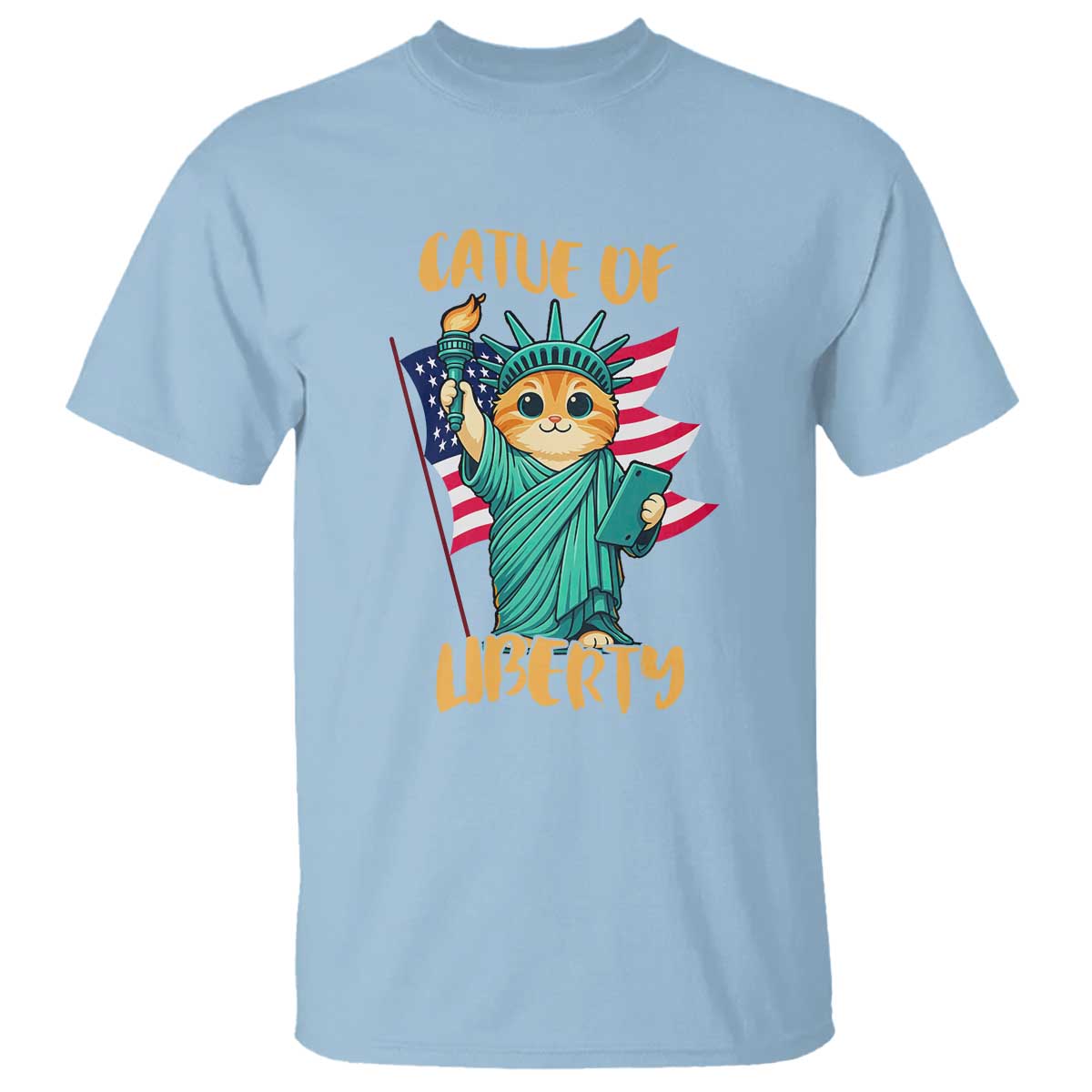 Cat Statue Of Liberty T Shirt Patriotic American Flag TS12 Light Blue Print Your Wear