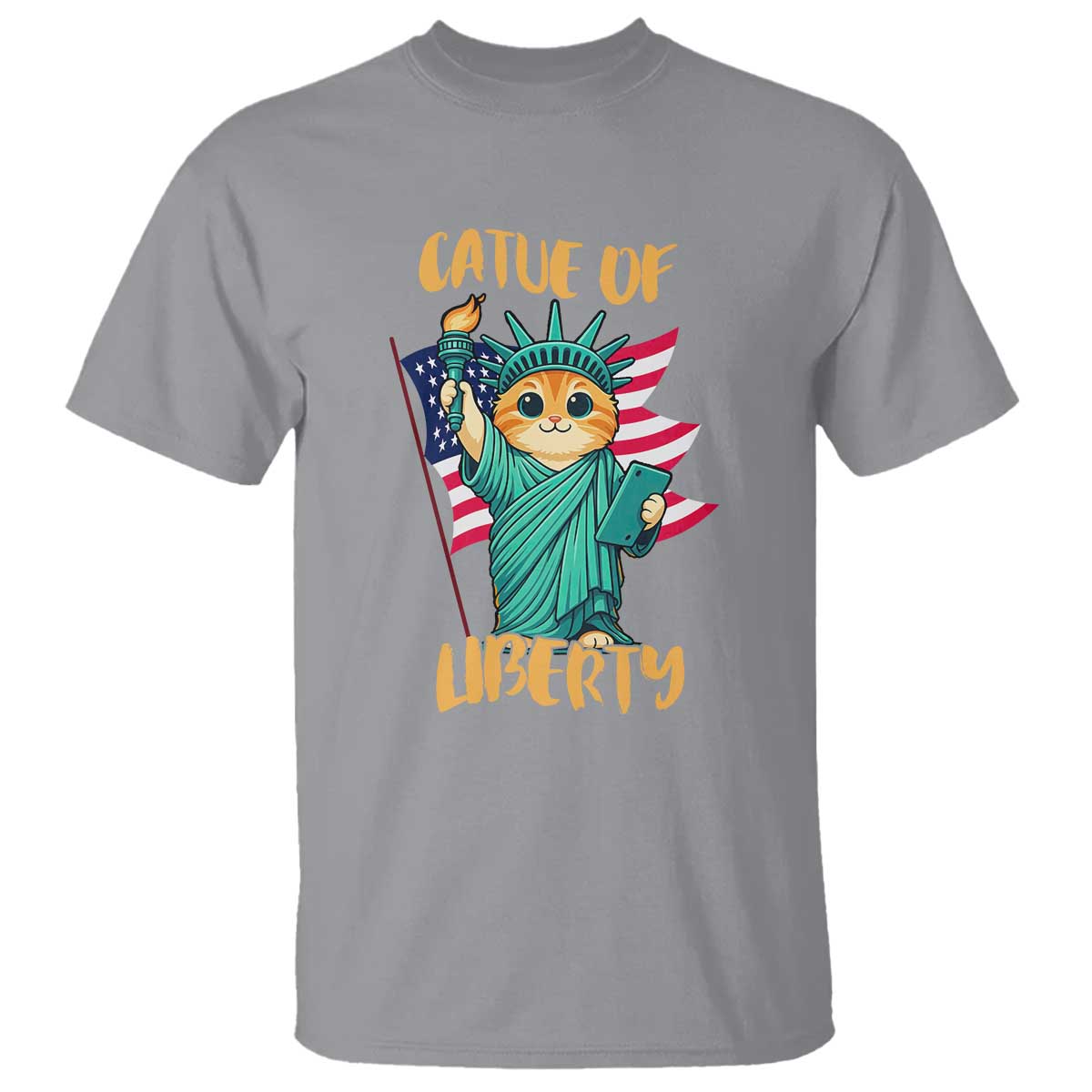 Cat Statue Of Liberty T Shirt Patriotic American Flag TS12 Sport Gray Print Your Wear