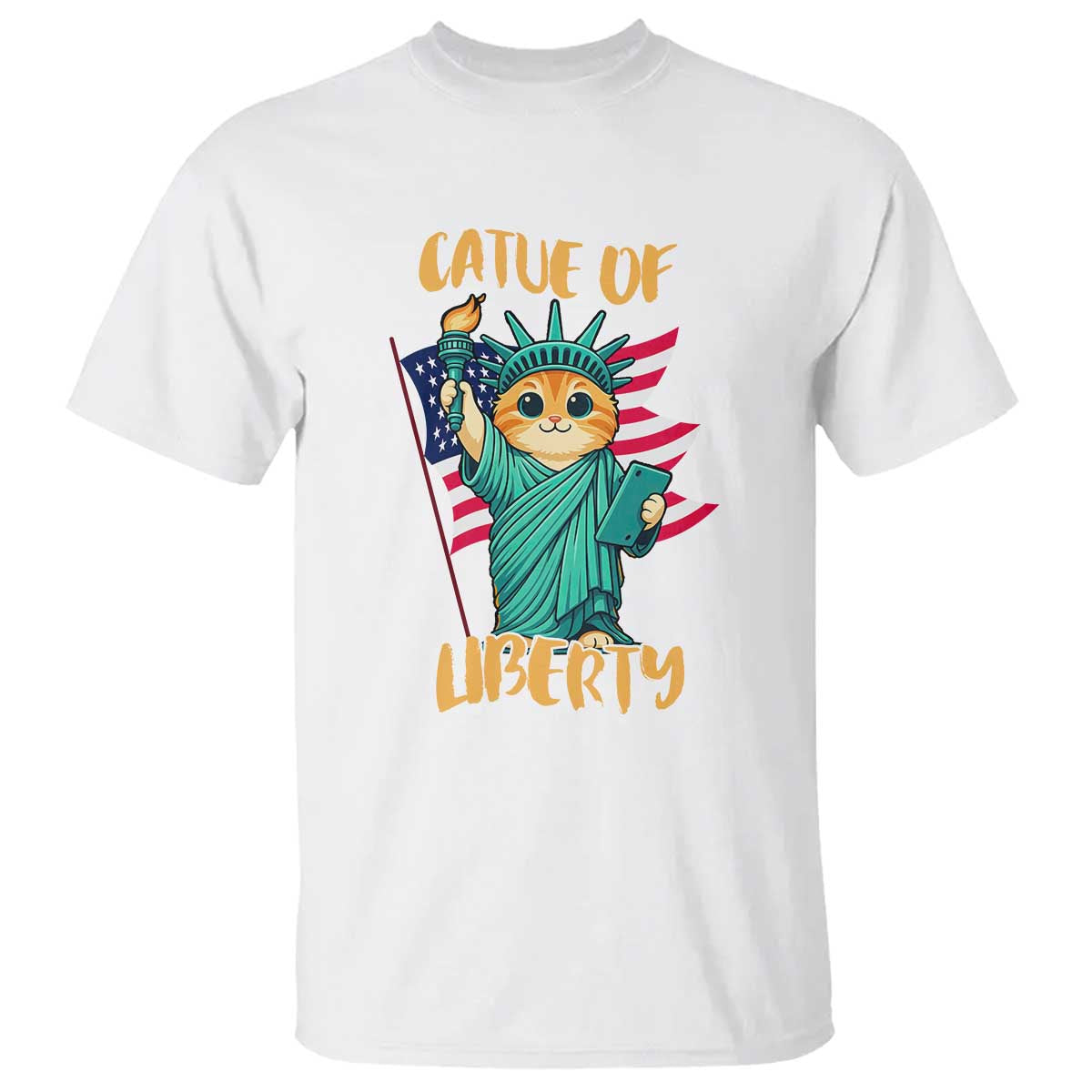 Cat Statue Of Liberty T Shirt Patriotic American Flag TS12 White Print Your Wear