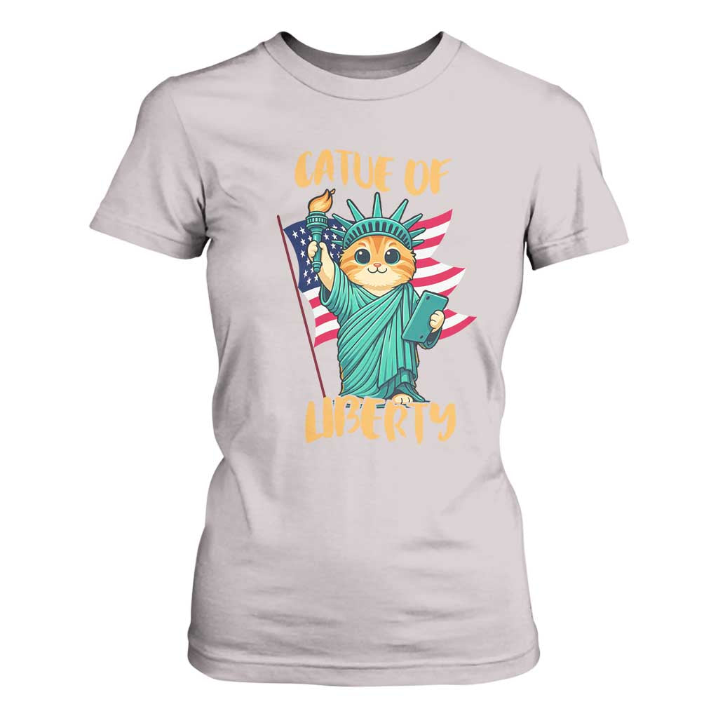 Cat Statue Of Liberty T Shirt For Women Patriotic American Flag TS12 Ice Gray Print Your Wear