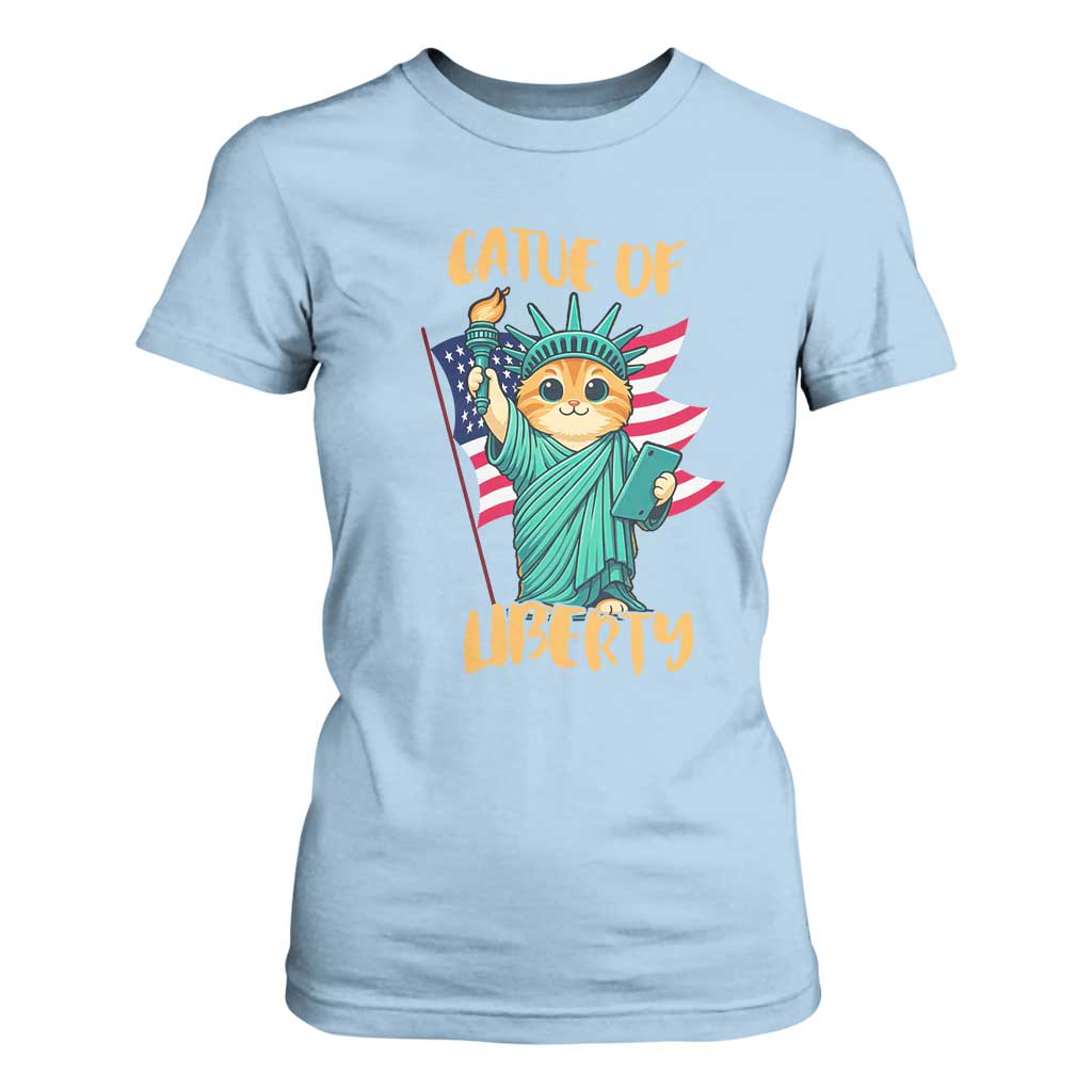 Cat Statue Of Liberty T Shirt For Women Patriotic American Flag TS12 Light Blue Print Your Wear