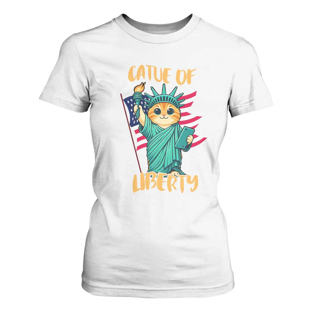 Cat Statue Of Liberty T Shirt For Women Patriotic American Flag TS12 White Print Your Wear