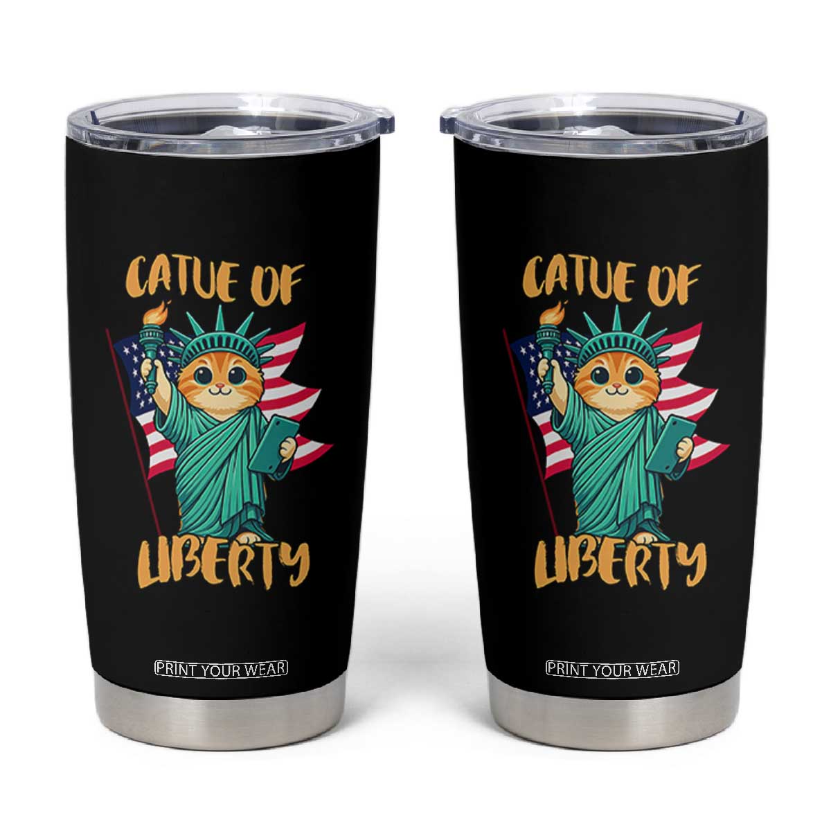 Cat Statue Of Liberty Tumbler Cup Patriotic American Flag TS12 Black Print Your Wear