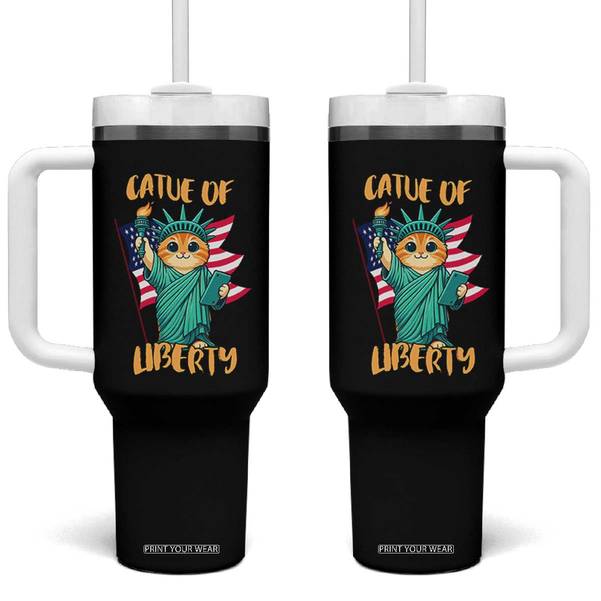Cat Statue Of Liberty Tumbler With Handle Patriotic American Flag TS12 One Size: 40 oz Black Print Your Wear