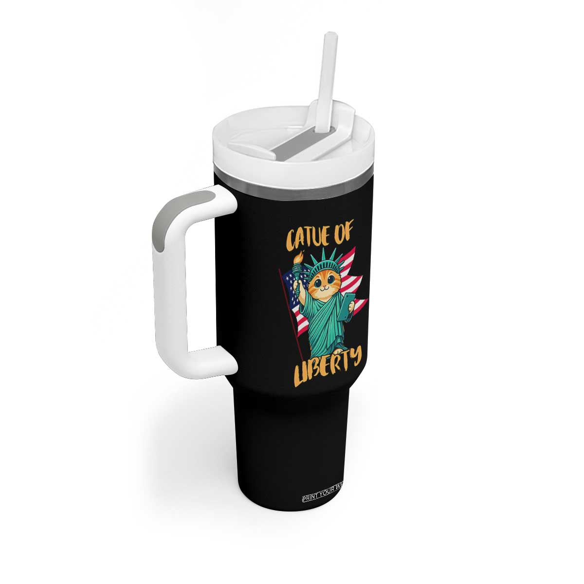 Cat Statue Of Liberty Tumbler With Handle Patriotic American Flag TS12 Print Your Wear