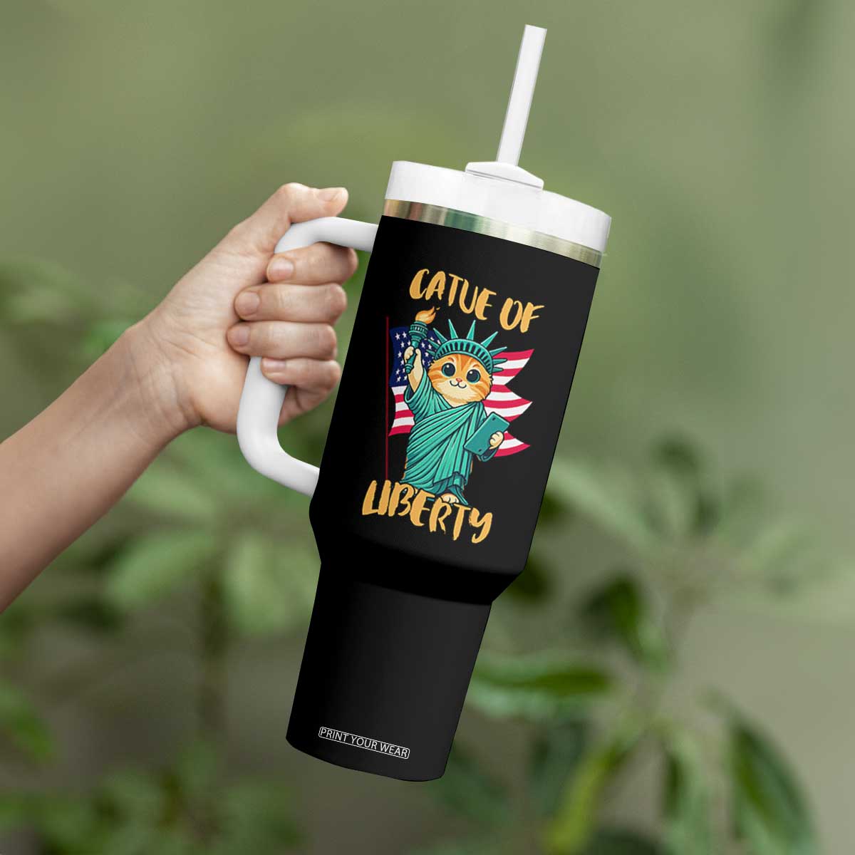 Cat Statue Of Liberty Tumbler With Handle Patriotic American Flag TS12 Print Your Wear