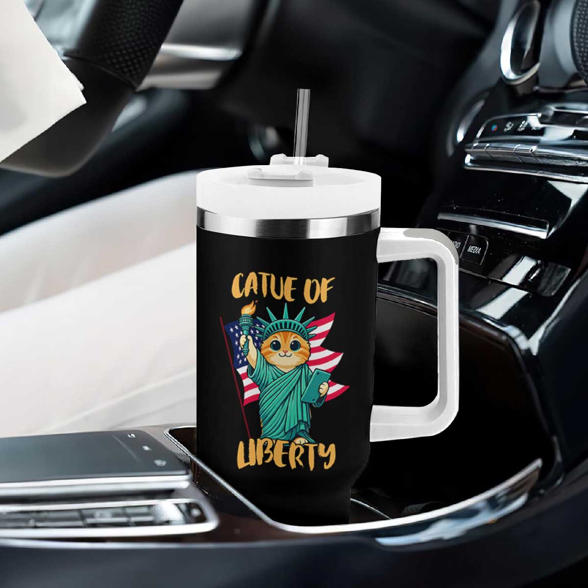 Cat Statue Of Liberty Tumbler With Handle Patriotic American Flag TS12 Print Your Wear