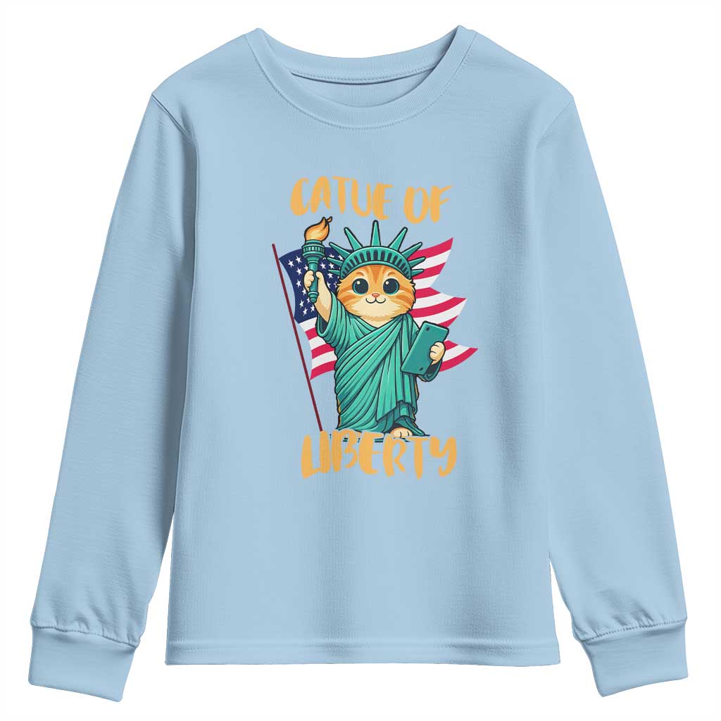 Cat Statue Of Liberty Youth Sweatshirt Patriotic American Flag TS12 Light Blue Print Your Wear