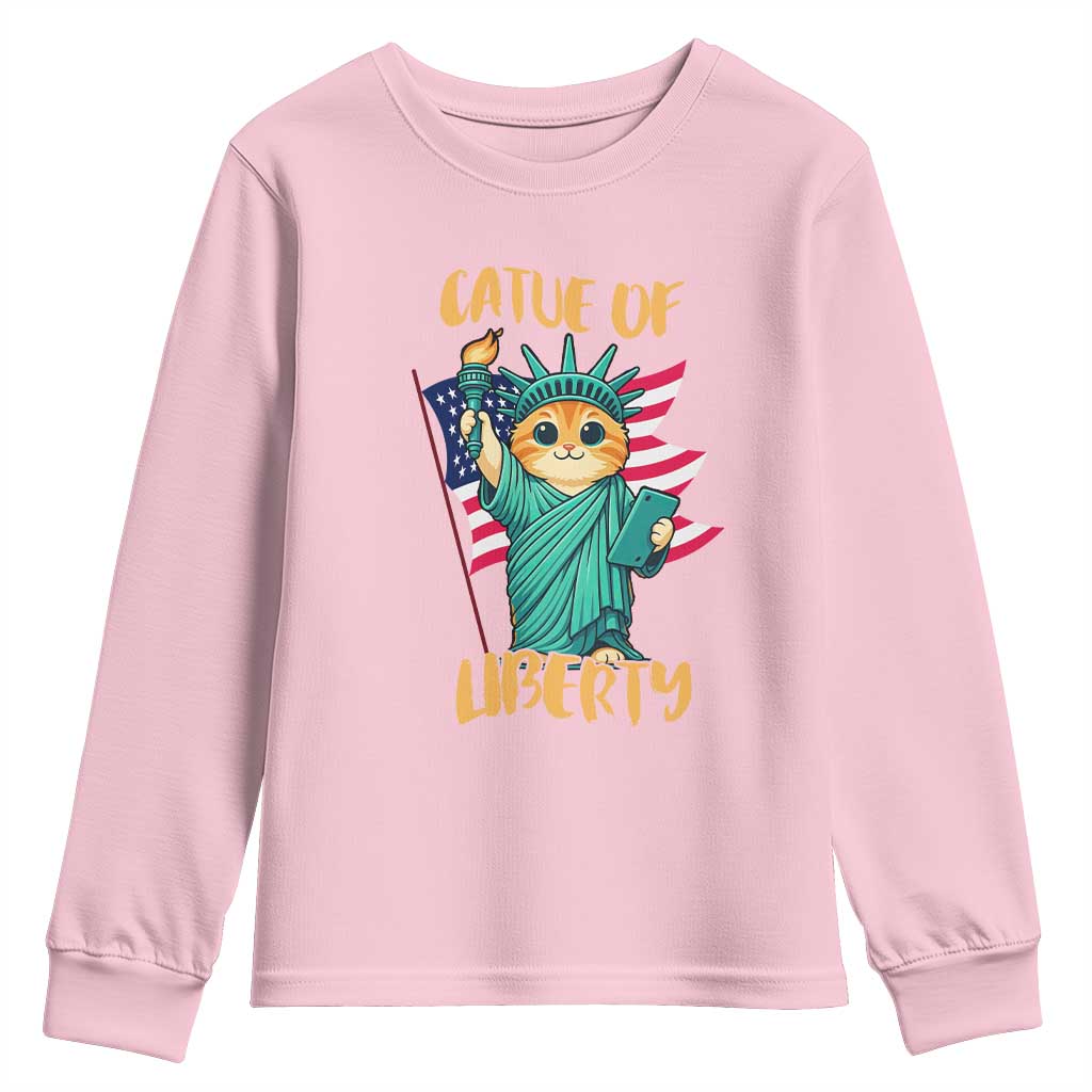 Cat Statue Of Liberty Youth Sweatshirt Patriotic American Flag TS12 Light Pink Print Your Wear