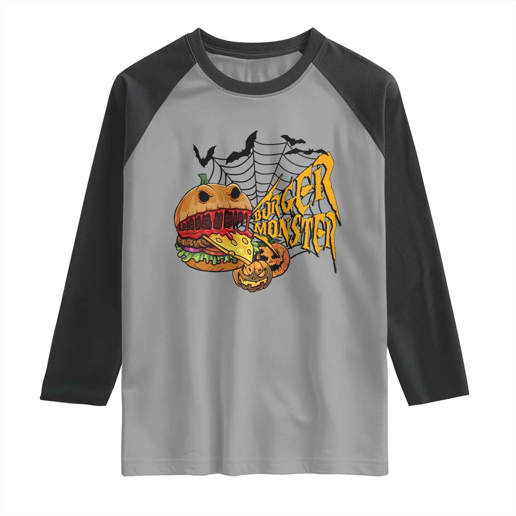 Halloween Burger Monster Raglan Shirt Scary Foodies TS12 Sport Gray Black Print Your Wear