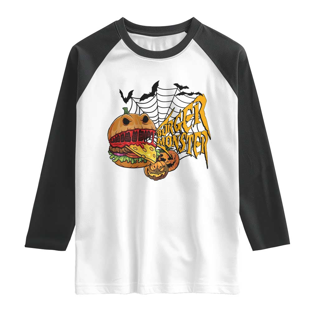 Halloween Burger Monster Raglan Shirt Scary Foodies TS12 White Black Print Your Wear