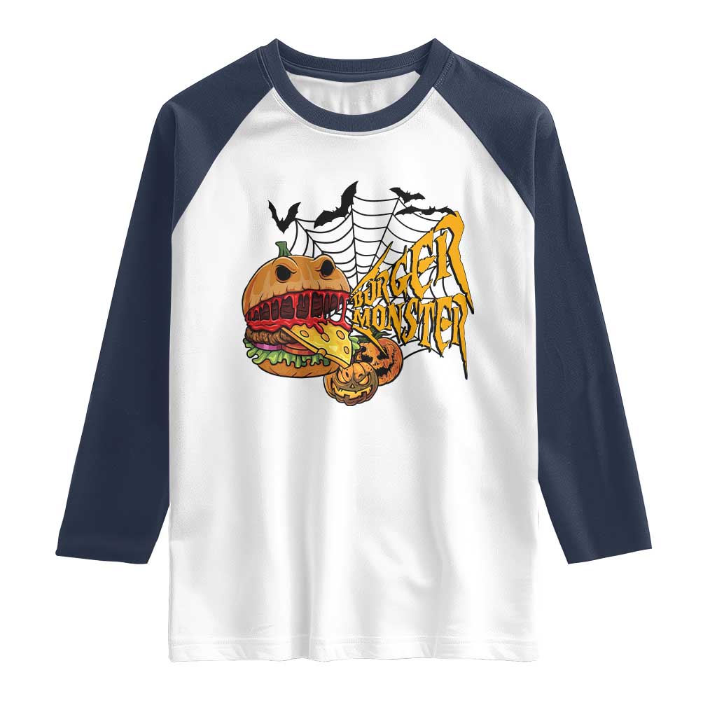 Halloween Burger Monster Raglan Shirt Scary Foodies TS12 White Navy Print Your Wear