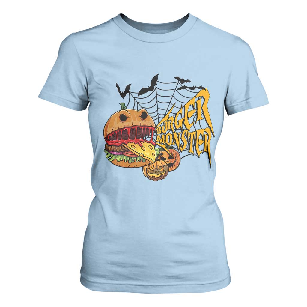 Halloween Burger Monster T Shirt For Women Scary Foodies TS12 Light Blue Print Your Wear