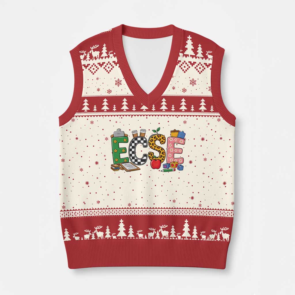 Early Childhood Special Education Teacher V-Neck Knit Sweater Vest ECSE Life TS12 Beige Red Print Your Wear